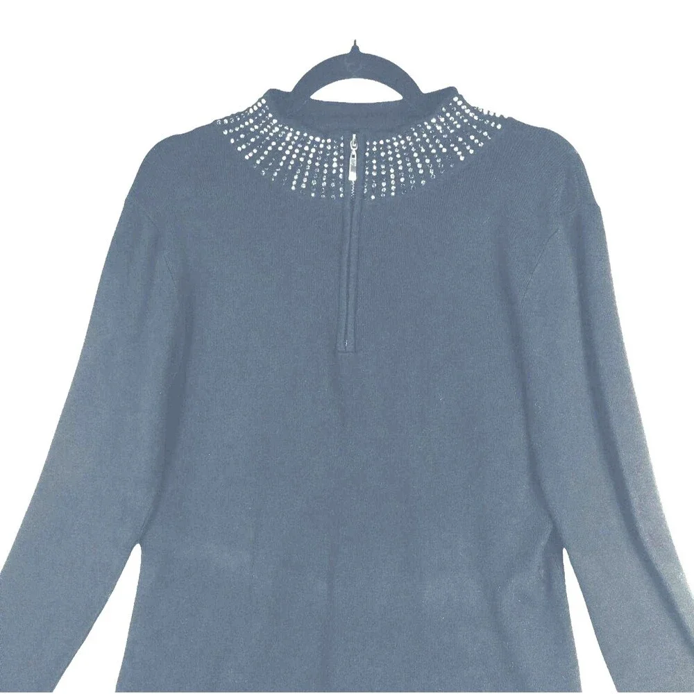 Black Knit Sweater Woman's L Long Sleeve Mock Zip Turtleneck Black Ckassic Minim